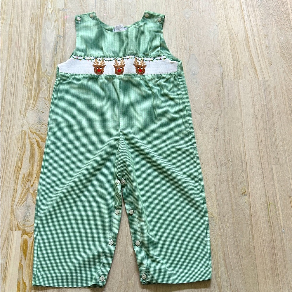 Green Kids Overalls with Reindeer Design